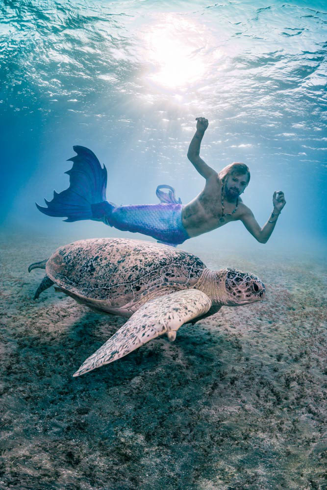 Meermann Mo schwimmt mit einer Schildkröte